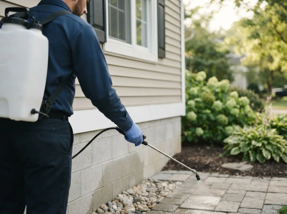 Pest control technician inspecting a home in Wakefield, KS